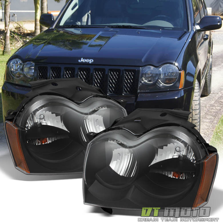 Black 2005 2006 2007 Jeep Grand Cherokee Replacement Headlights Lamps Left+Right
