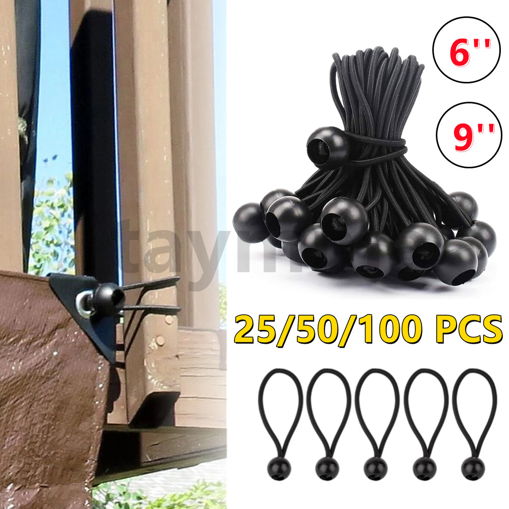 25-100Pcs 6''/9" Black Ball Bungee Bungie Cord Canopy Tarp Tie Downs Straps