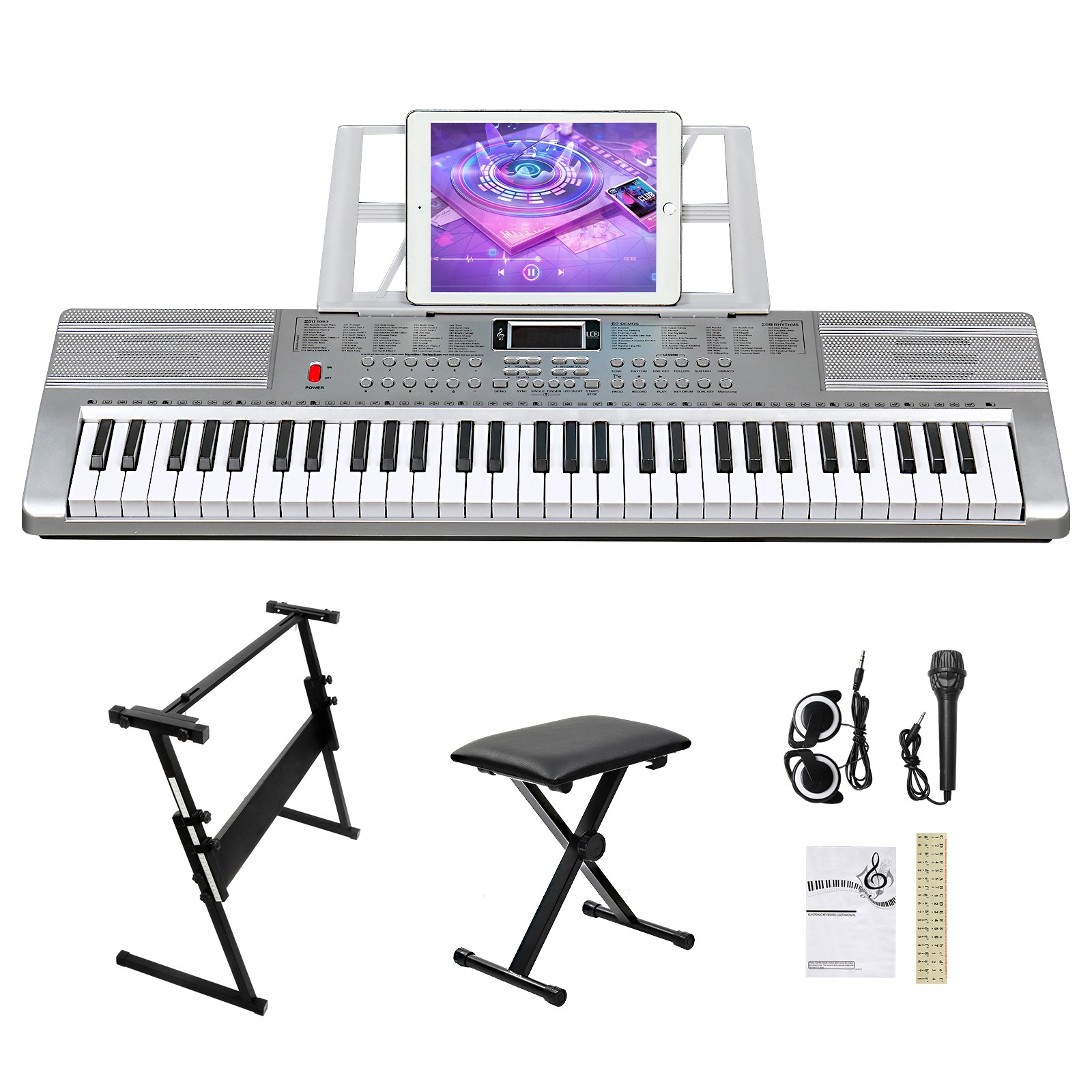 Portable 61Key Electronic Lighted Keyboard Piano LCD Screen Headphone Microphone