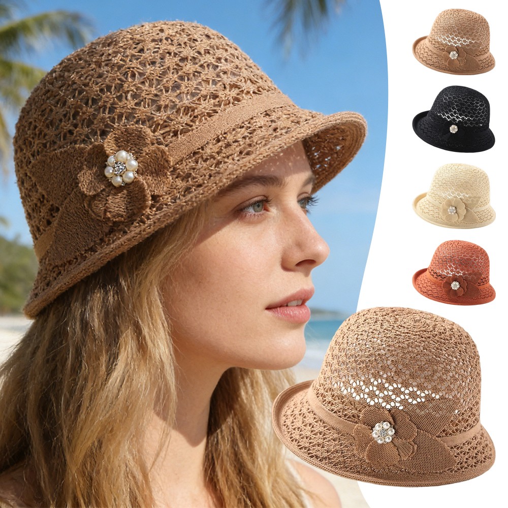 Women Summer Sun Protection Hat Rolled-Brim Outdoor Bucket Hat Floral Pearl Hat❄