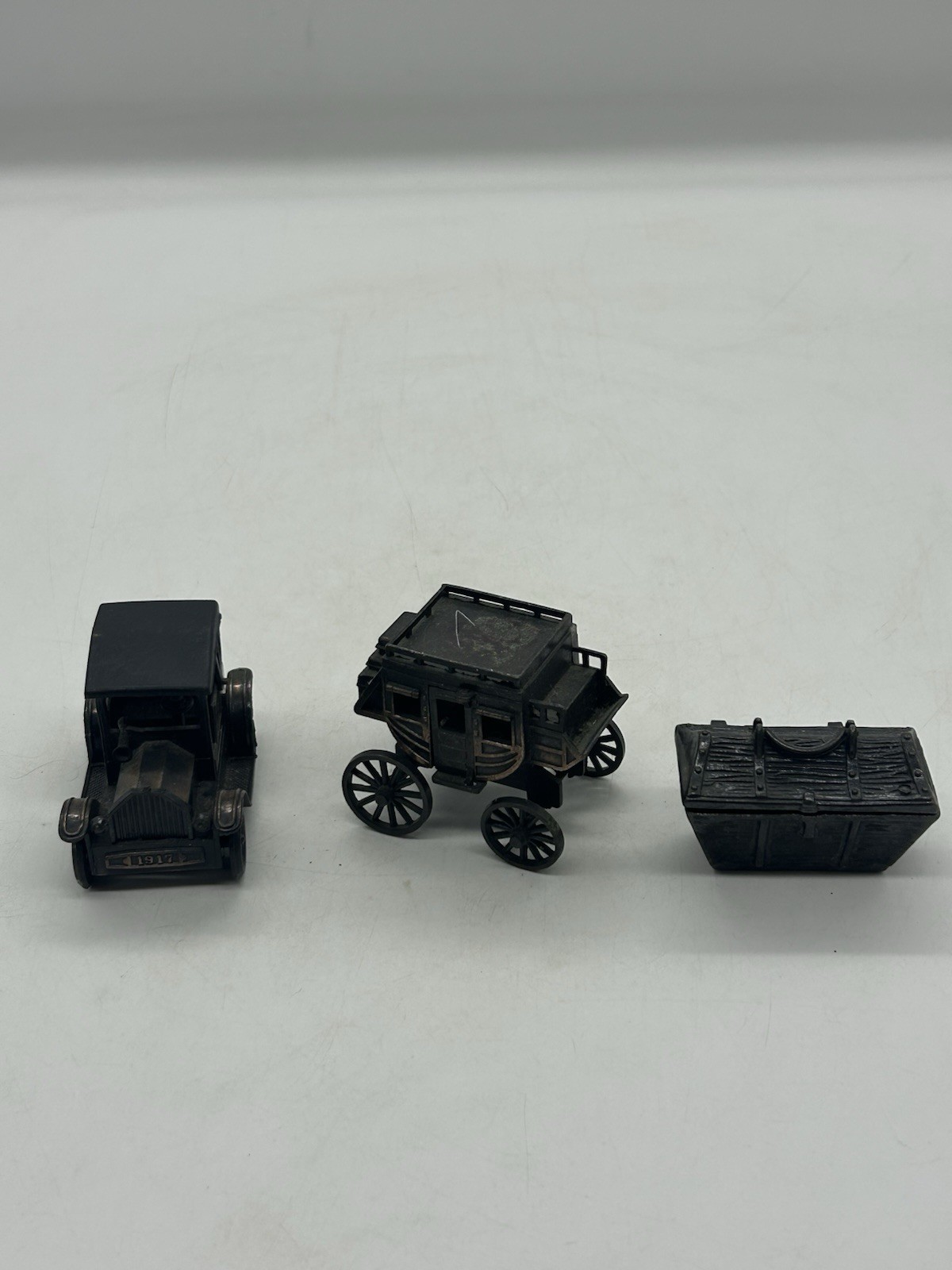 Lot Of 3 Vintage Miniature Die-Cast Pencil Sharpeners Chest, Model A Stagecoach