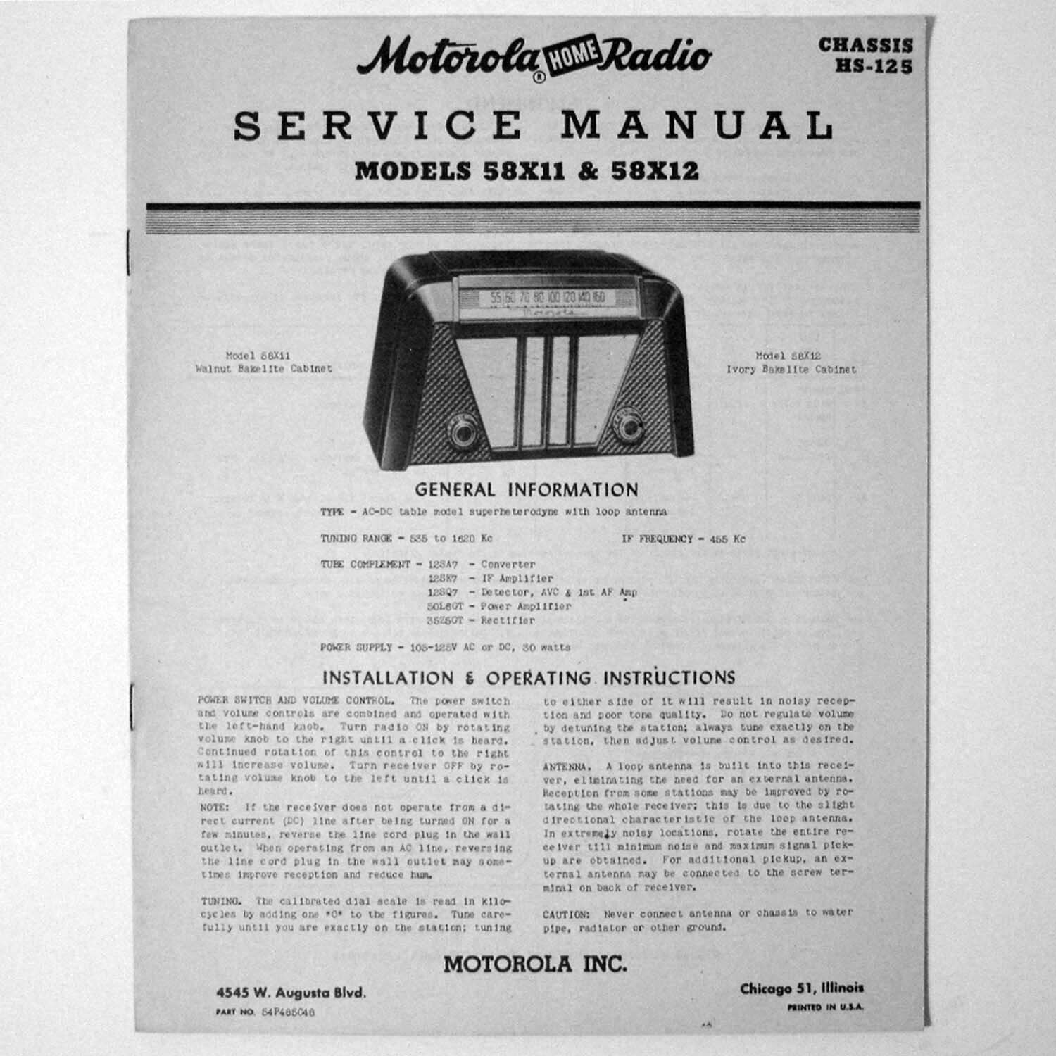 Motorola ® Models 58X11 58X12 AM Radio Service Manual © 1948
