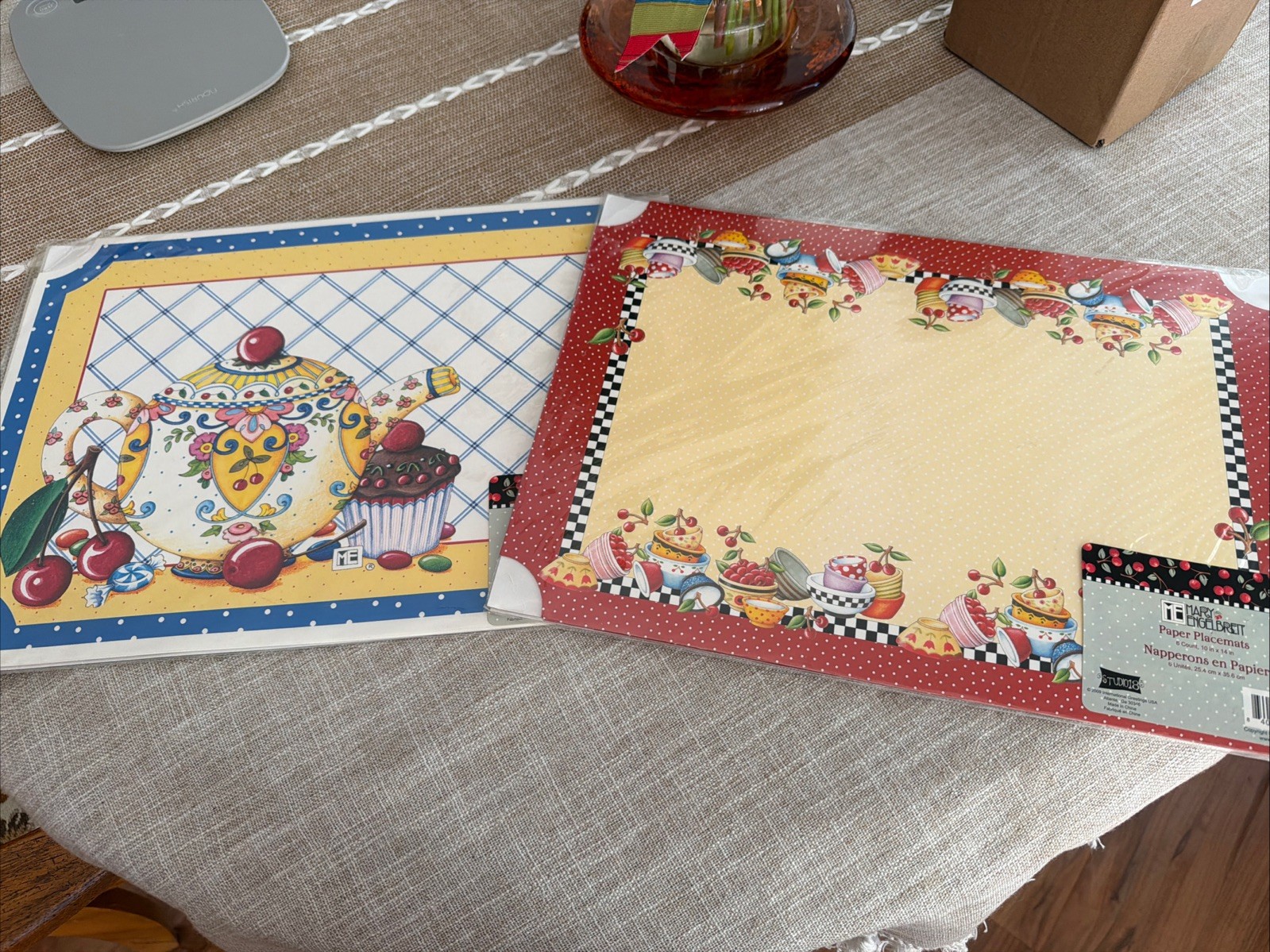 MARY ENGELBREIT 4 Pack 6 Paper Placemats Dining Cherries Bowls/TeaPot 10x14