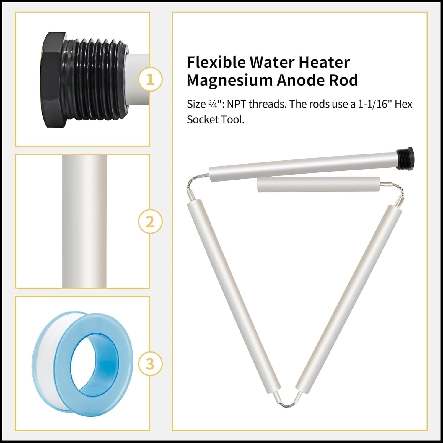 44" Flexible Magnesium Anode Rod, Hot Water Heater Anode Rod Replace