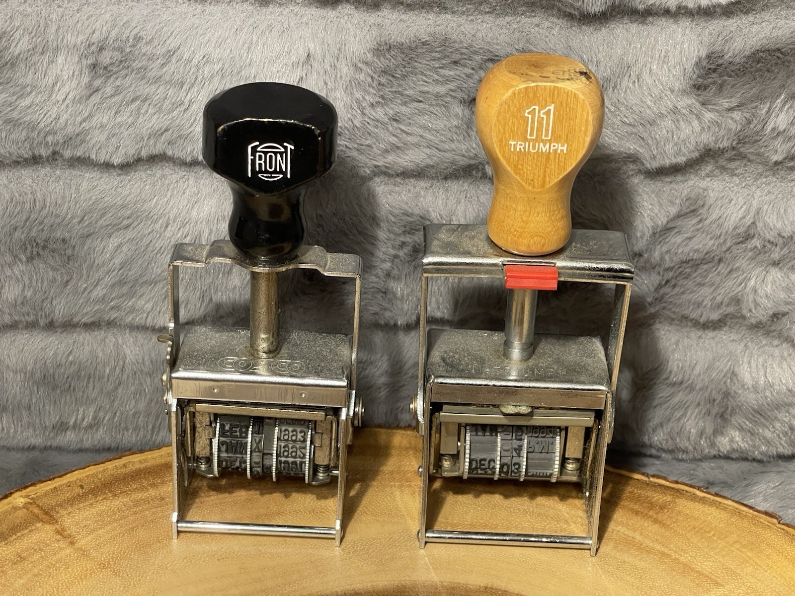 Vintage Front & Triumph Wood Handles Self Inking Stamps **Front Stamp Broken**