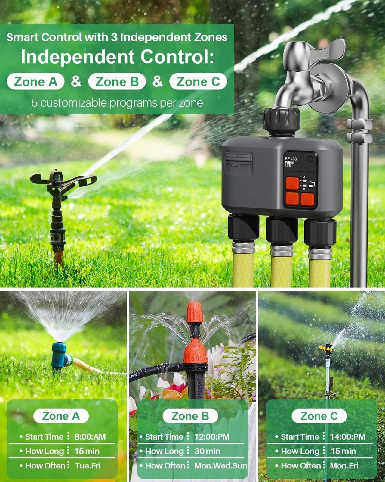 WiFi Sprinkler Timer 3 Zone with 984 FT Range, 3 Outlet Smart Water Timer for...