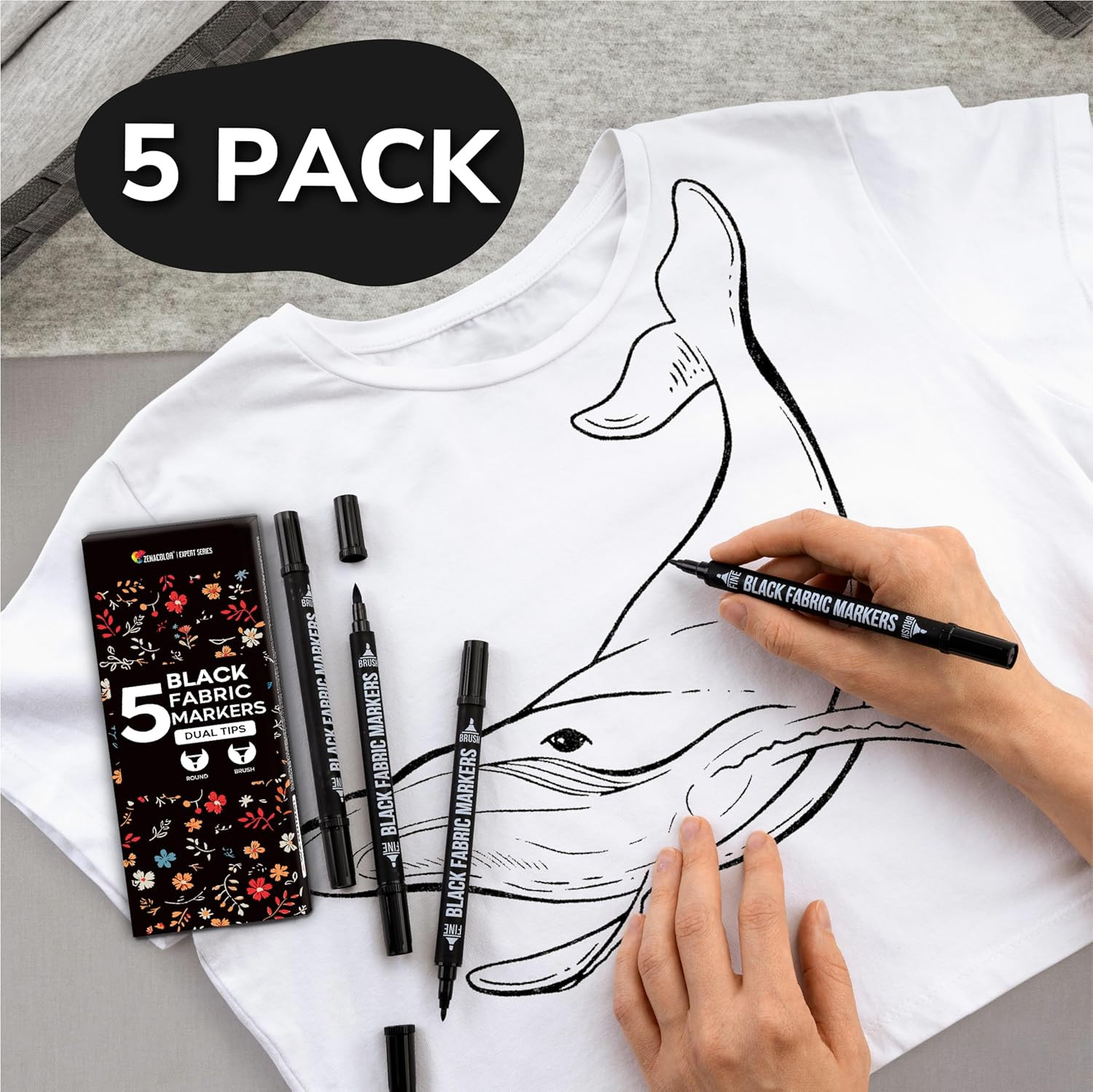 Black Fabric Markers 5 Pack Dual Tip Permanent Clothes Paint Pen Canvas