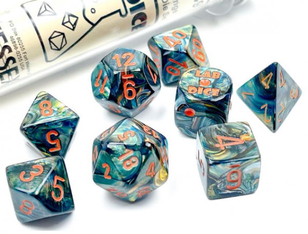 Chessex Lab: Lustrous Polyhedral Alpestris/Orange 7-Die Set Screw-top Lab Vial