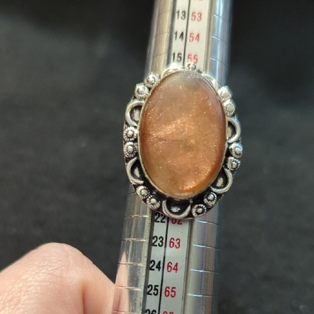 Silver Plated Peach Sunstone Gemstone Oval Statement Ring - Size 8.75