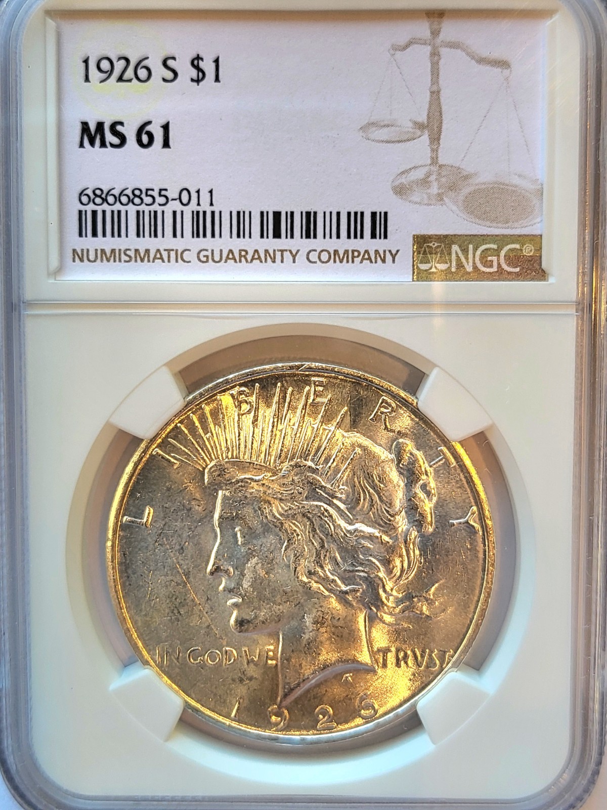 1926-S   NGC MS-61   Brilliant, Lustrous and Satiny   Peace Silver Dollar  #398.