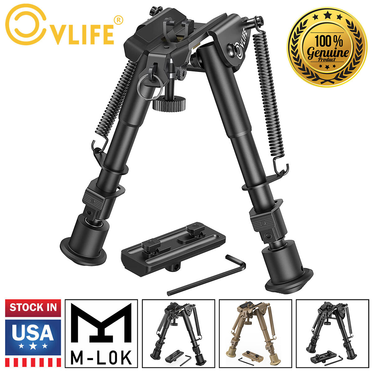 6-9" Hunting MLOK Spring Return Rifle Bipod For Sling Stud+ M-Rail Adapter Mount