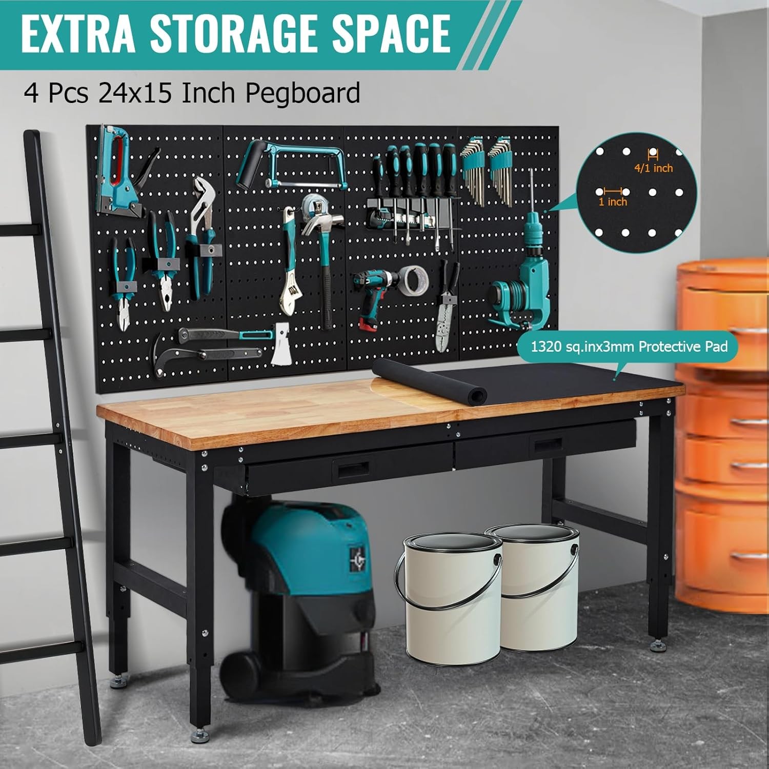 60" Workbench Rubber Wood Tabletop Work Table W/2 Drawers & Pegboard Pad 3000LBS