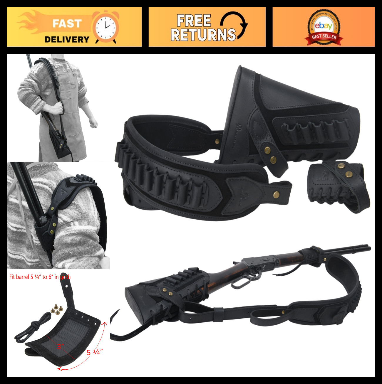 No Drill Leather Rifle Sling with Gun Buttstock for Lever Action Rifles .357 .30