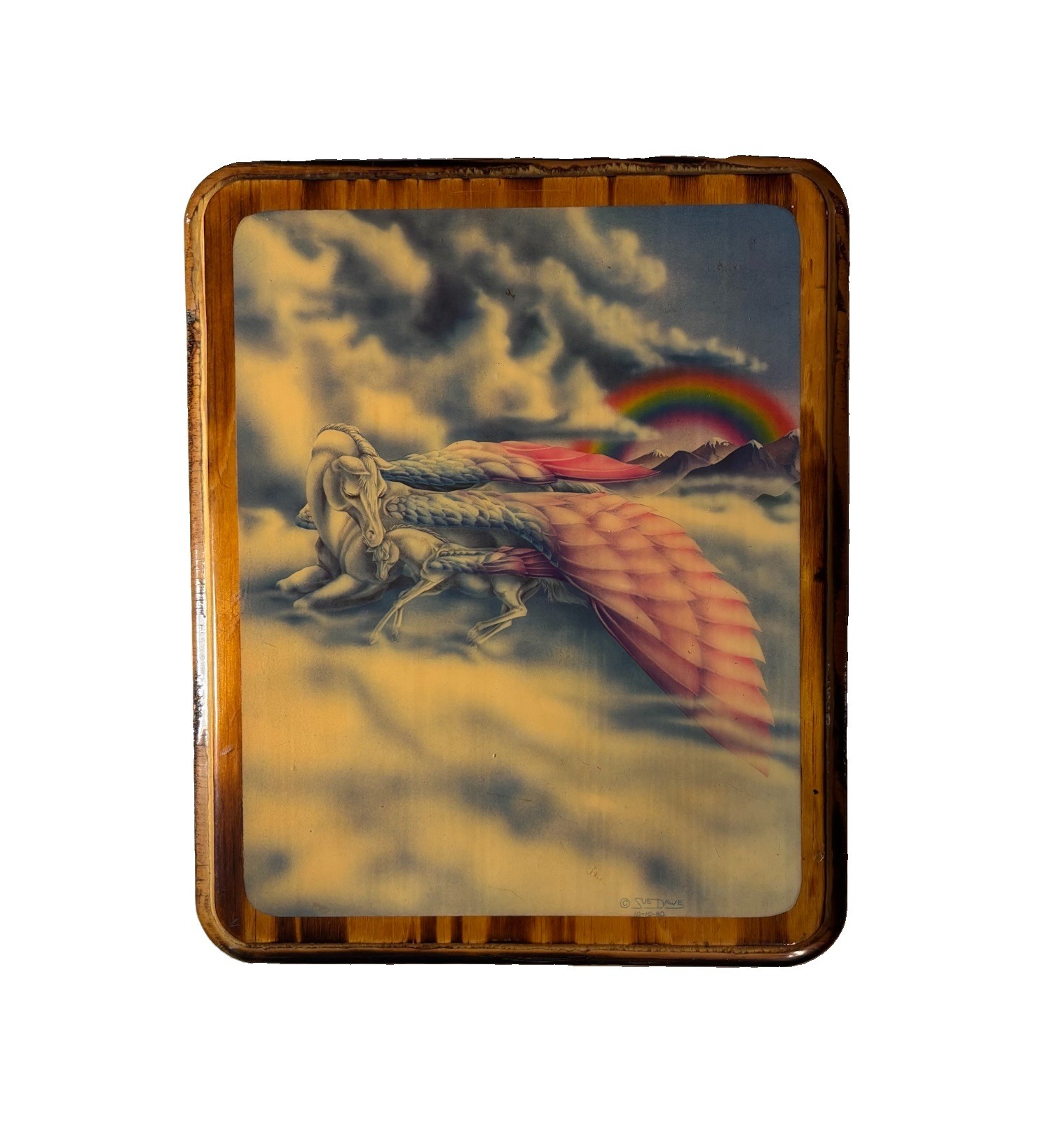 Vintage Sue Dawe Pegasus Rainbow Mythical Fantasy Unicorn Wood Plaque Wall Art