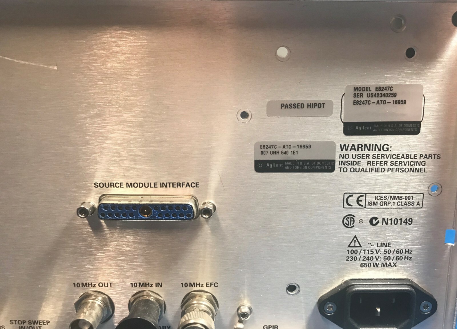 Keysight Agilent E8247C back panel with E8251-6023 assembly