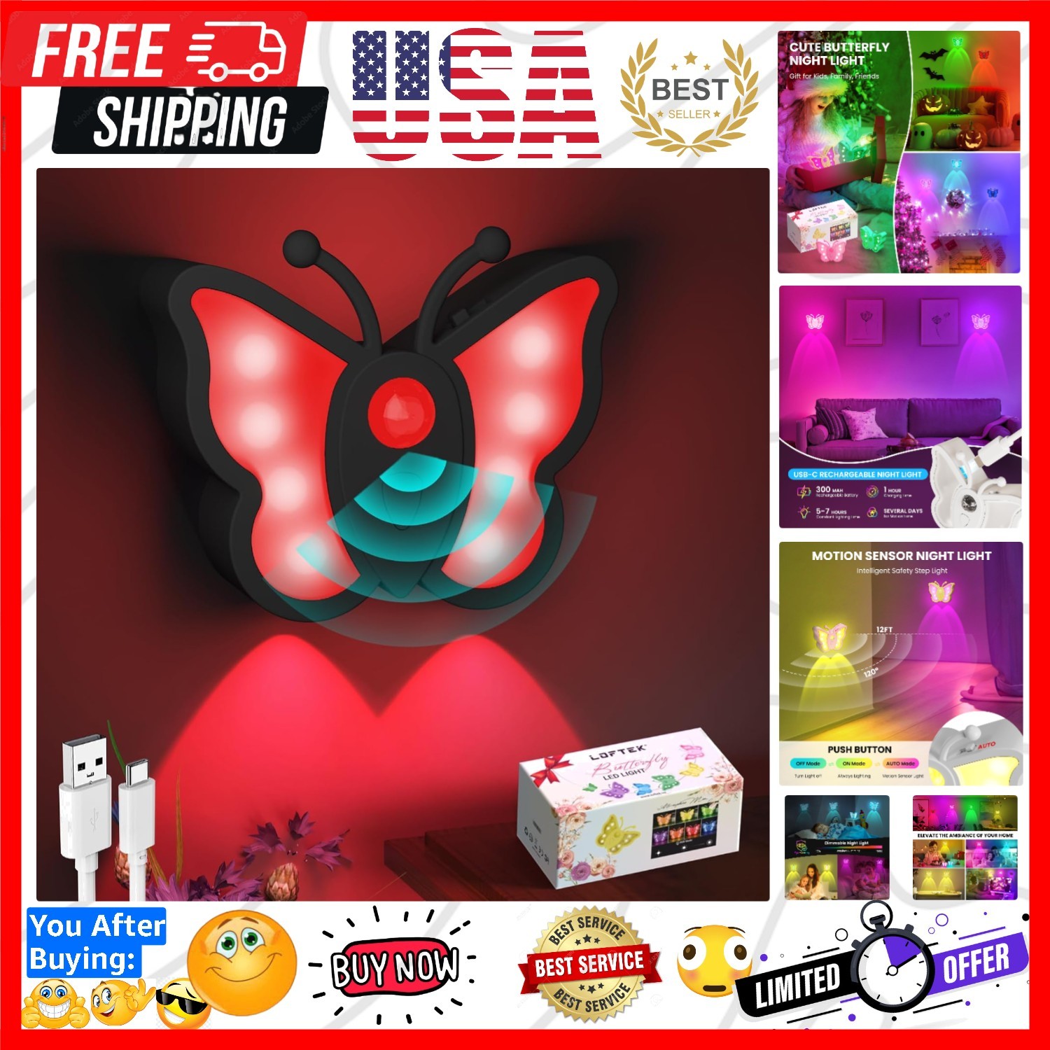 Rechargeable Motion Sensor Night Light, RGB Color Changing & Dimmable Butterf...