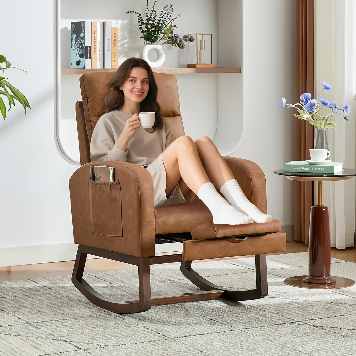 Upholstered Glider Chair with Adjustable Footrest, Walnut Frame, Relaxing & Safe