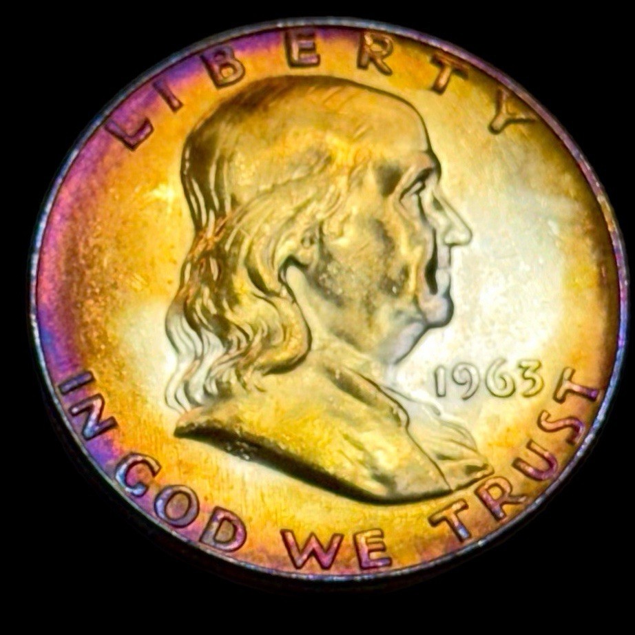 Uncirculated Franklin Half Dollar 1963 D 90% Silver Monster Rainbow Toning