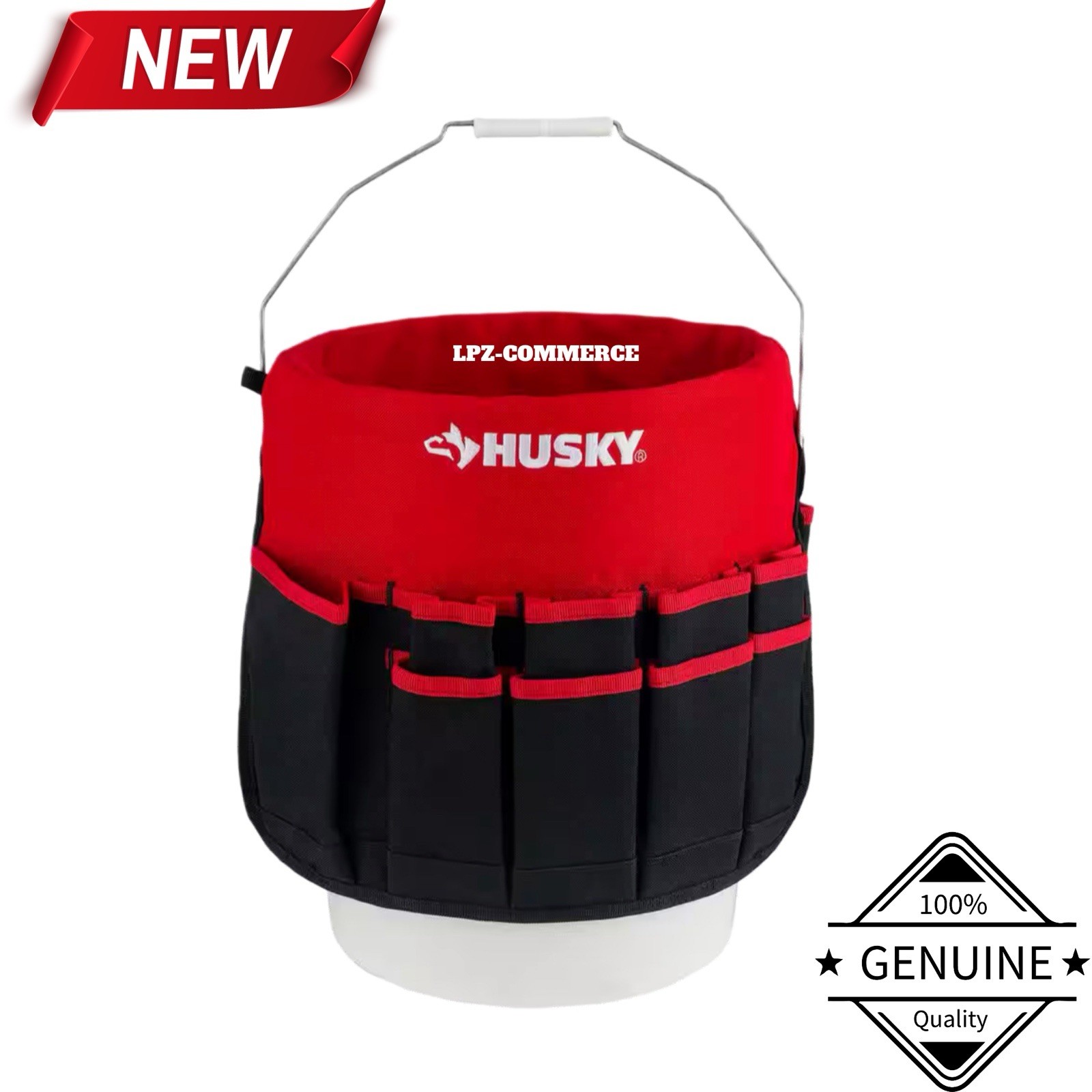 Husky 12” 30-Pocket Heavy-Duty Bucket Jockey Tool Bag for 5 Gal Bucket Storage
