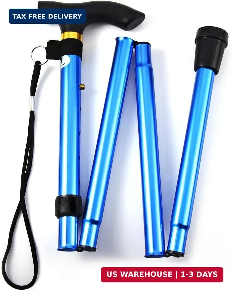 Folding Lightweight Walking Stick - Adjustable Aluminum Metal Collapsible Travel