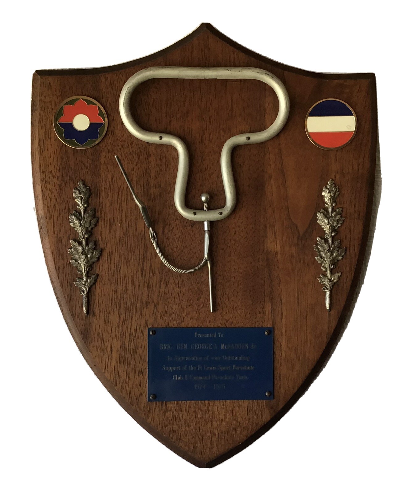 Ft. Lewis Sport Parachute Club Plaque (Rip Cord), 1975, Gen. McFadden