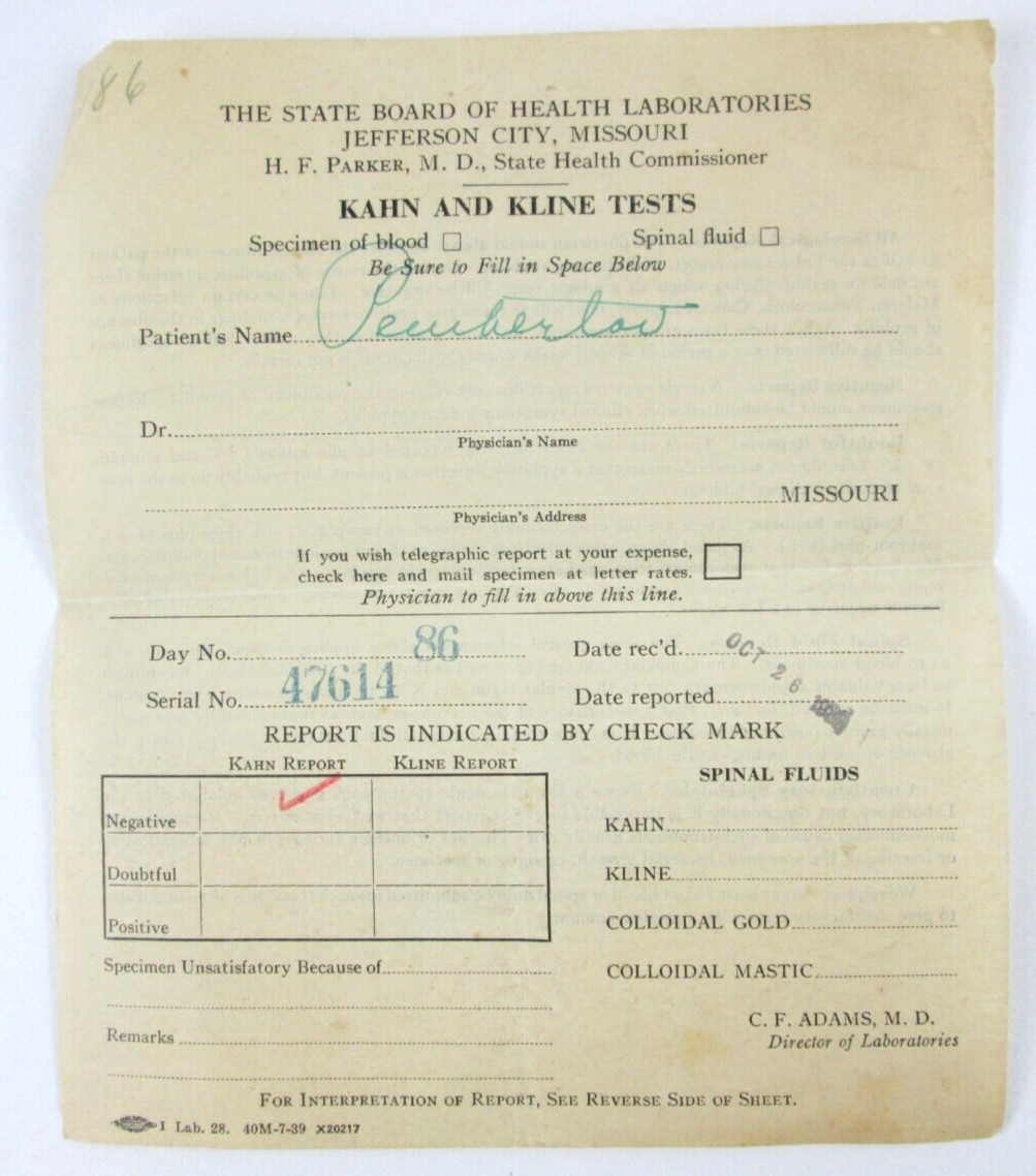 1939 Kahn and Kline Syphilis Test Result Jefferson City Missouri