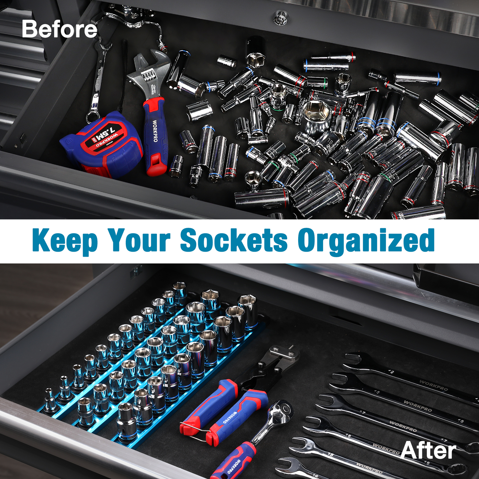 WORKPRO Magnetic Socket Organizer1/2''DriveMultiColor Aluminum Alloy Socket Rail