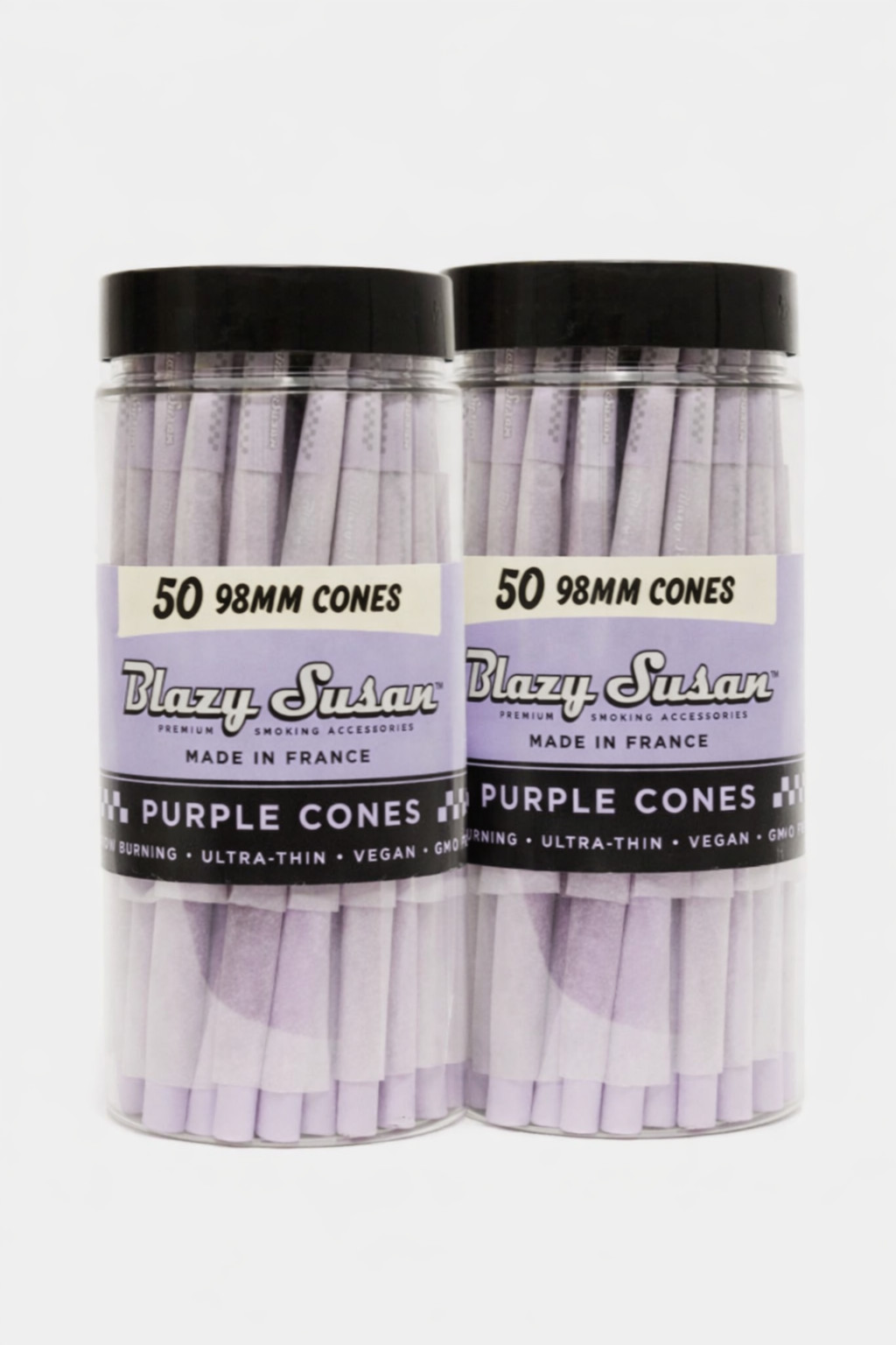 Blazy Susan Purple Cones 50ct Pack 98mm pre rolled Cone Sealed Bottle