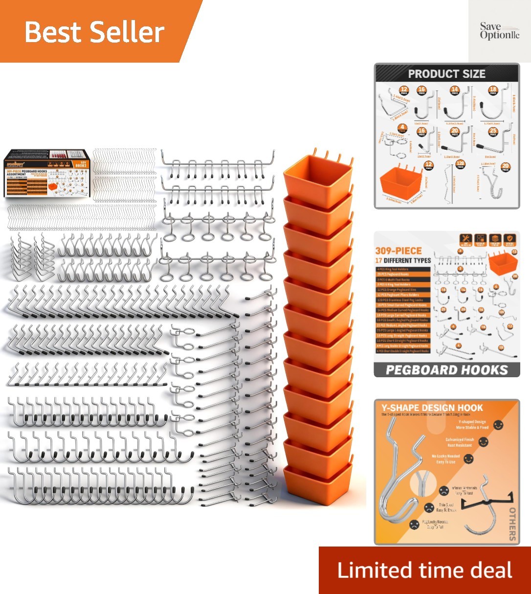 309 PCS Pegboard Hooks Assortment Kit – 17 Types Heavy Duty Peg Board Hooks &...