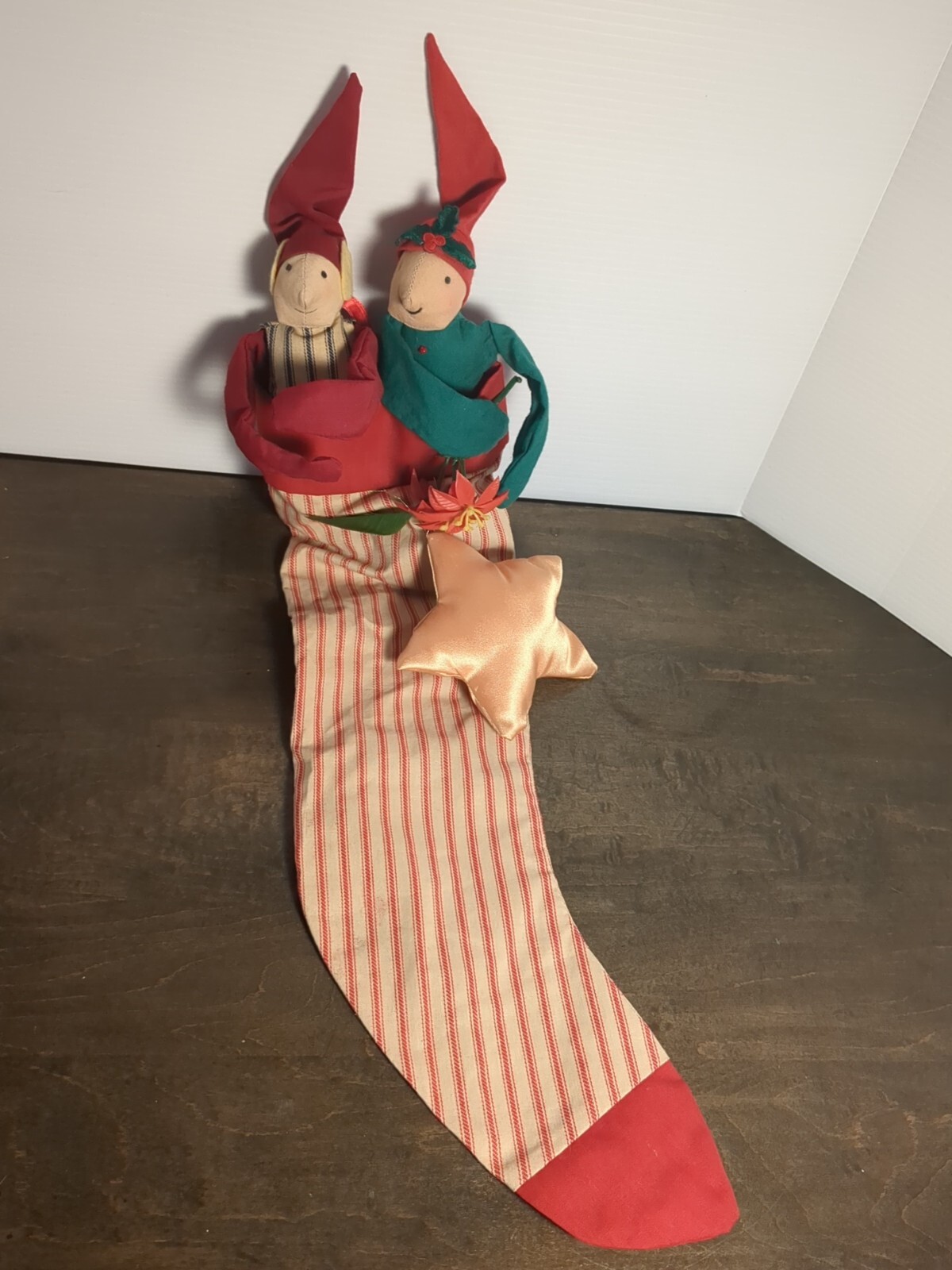 VTG Fancywork Friends Red Green Christmas Stocking W/2 Adorable Plush Elves