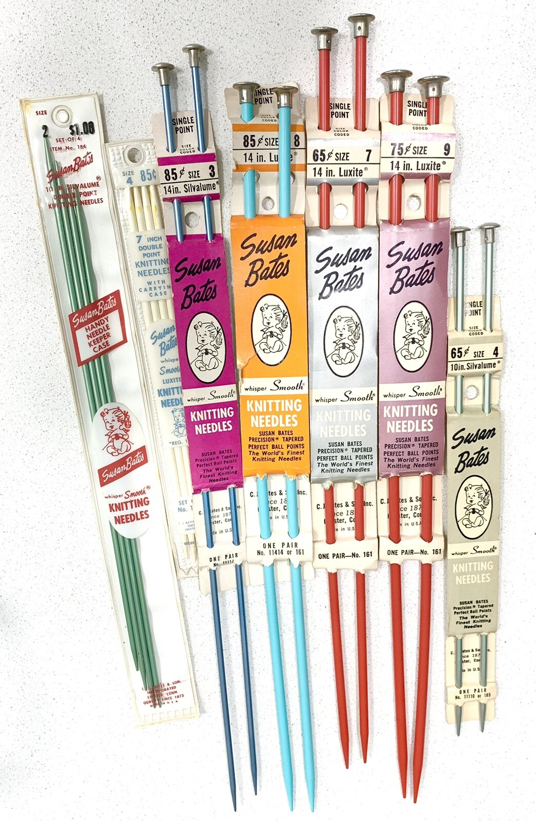 Vintage Knitting Needles Single & Double points Lot 9 Susan Bates Colorful