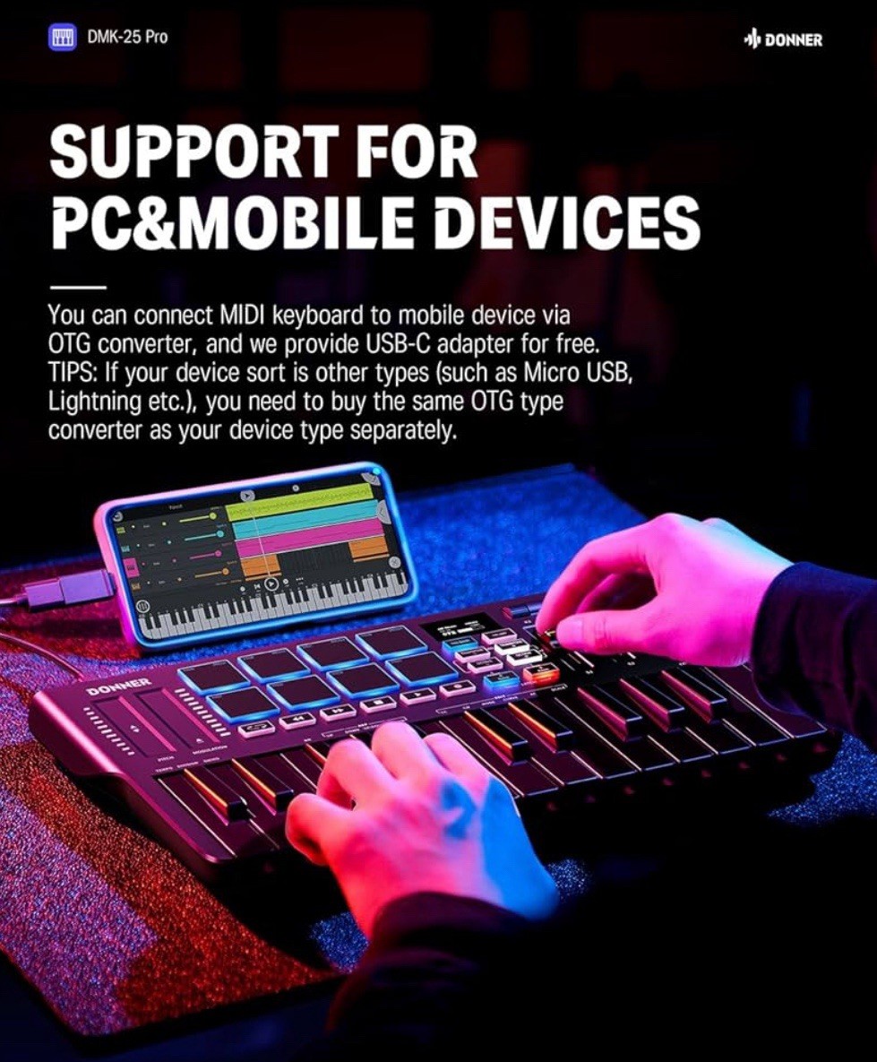 New Donner USB-C MIDI Keyboard DJ Controller OLED 25Key 8Drum Pad Touch Bar