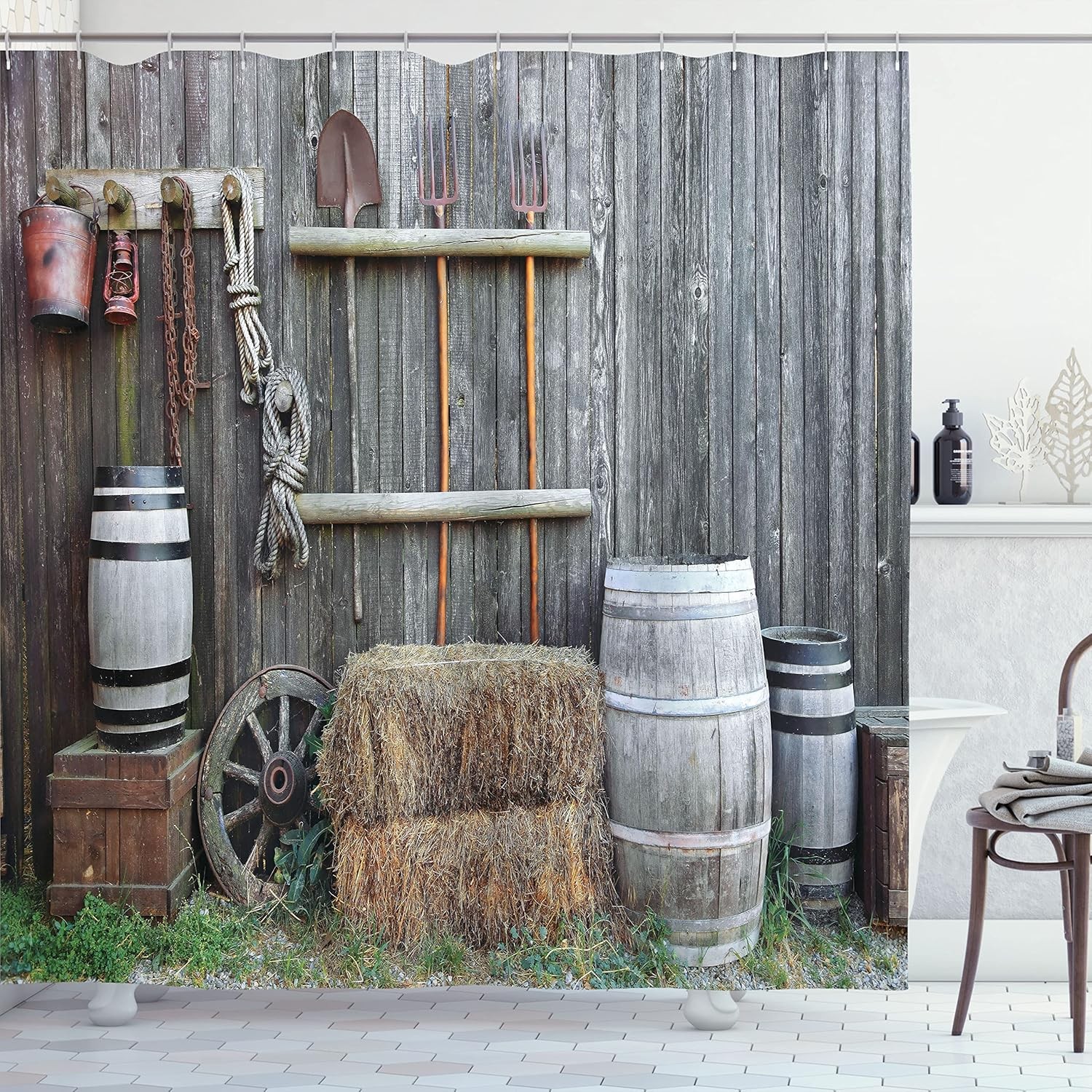 Agriculture Shower Curtain, Western Wooden Barn Countryside Bucolic Rural Hou...