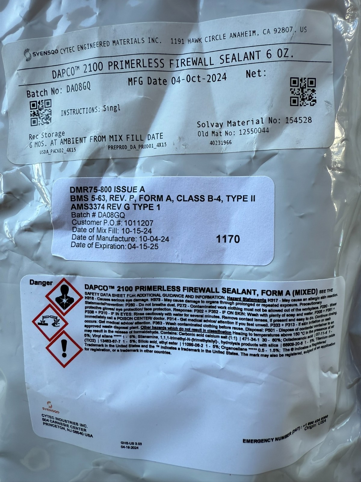 DAPCO 2100 DA03MH Aircraft Primerless Firewall Sealant, 6 oz. Cartridge AMS 3374