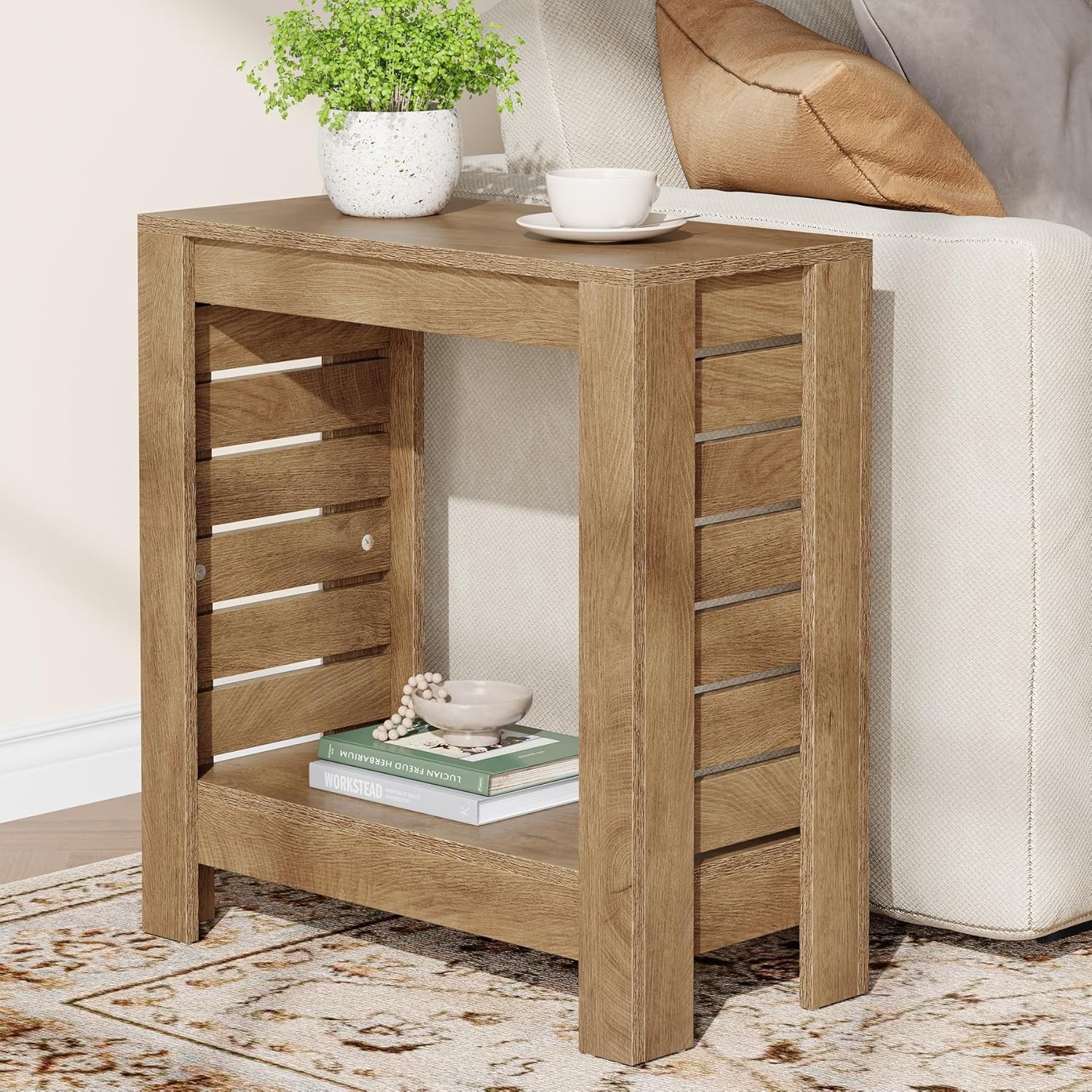 2-Tier Narrow Side Table Farmhouse Wooden End Table with Storage for Living Room