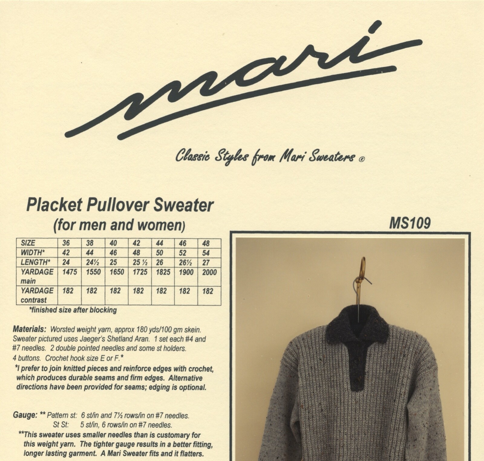 Mari Knitting Pattern MS 109 Placket Pullover Sweater for Men & Women 36"-48"