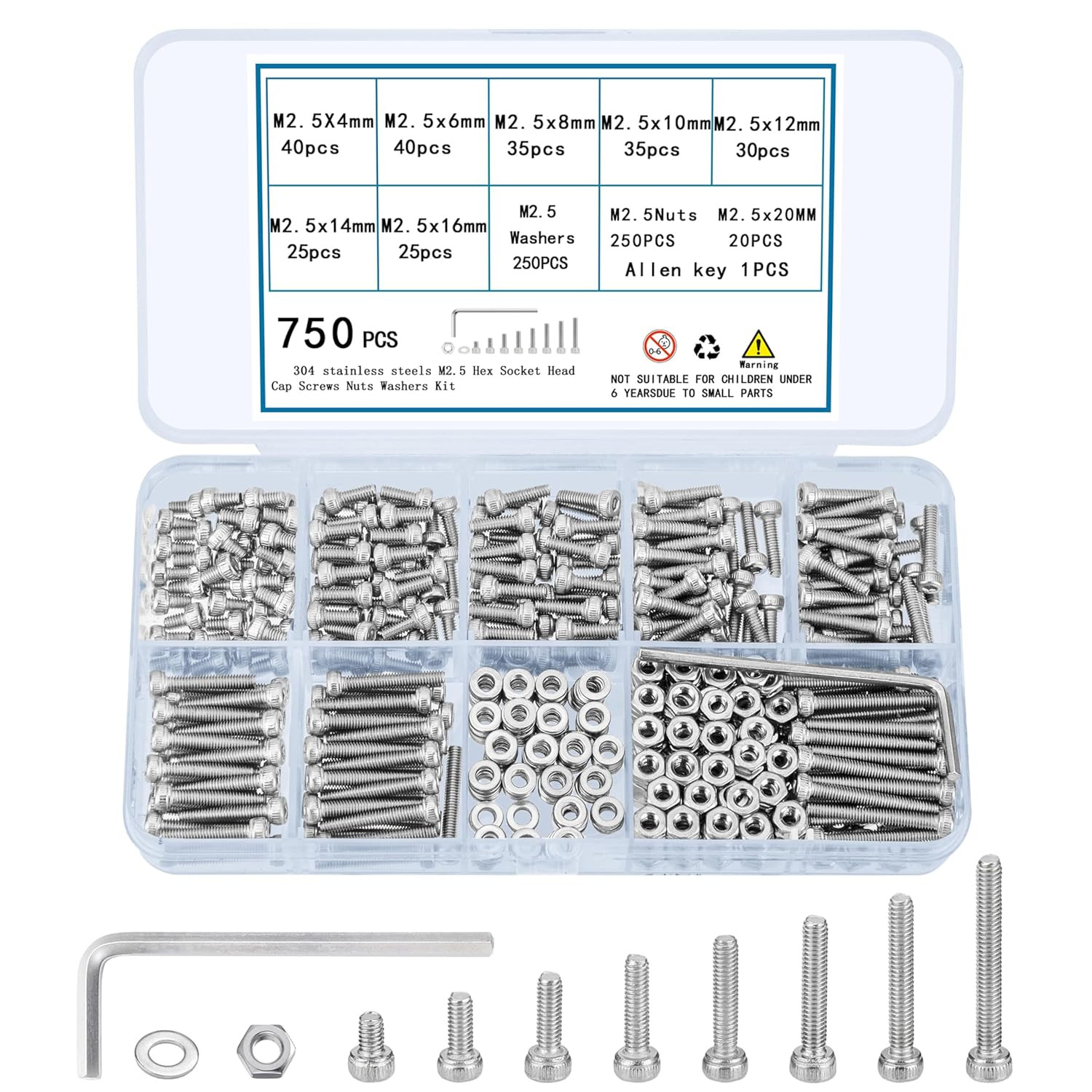 750 Pcs M2.5 Screws, Nuts and Washers Set - Metric Hex Socket Head Cap Bolts Kit