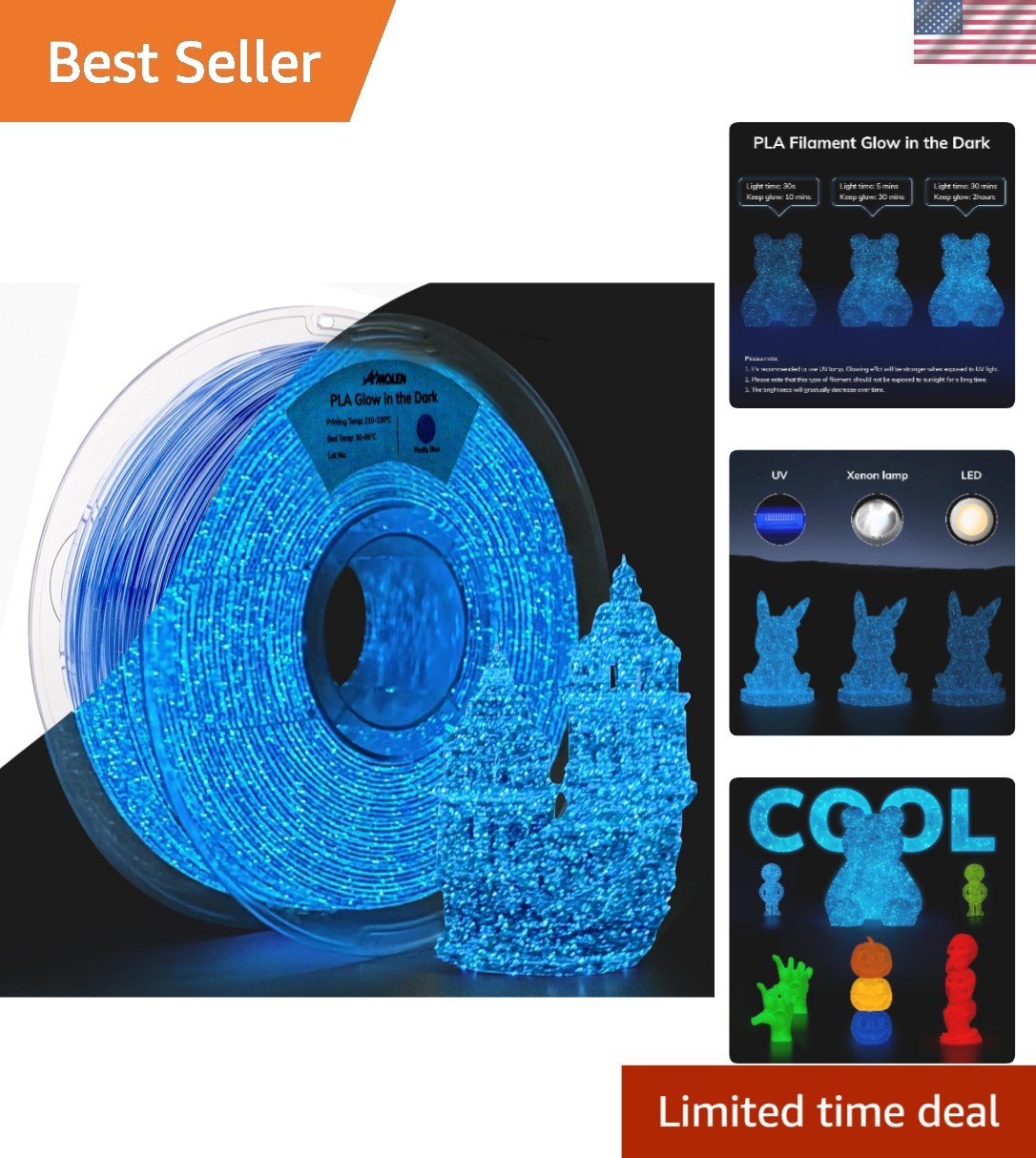 Firefly Blue 3D PLA Filament 1kg, 1.75mm - Long-Lasting Glow with UV Enhancement