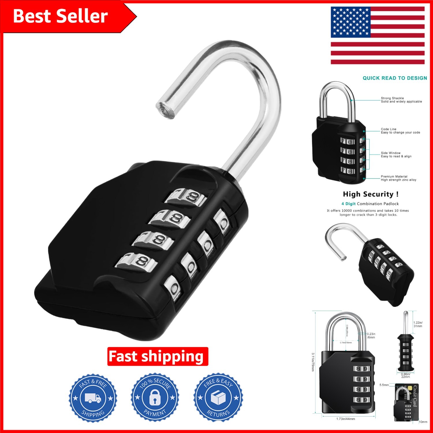Sturdy Lock with 4-Digit Code - Weatherproof Black Padlock for Security Needs