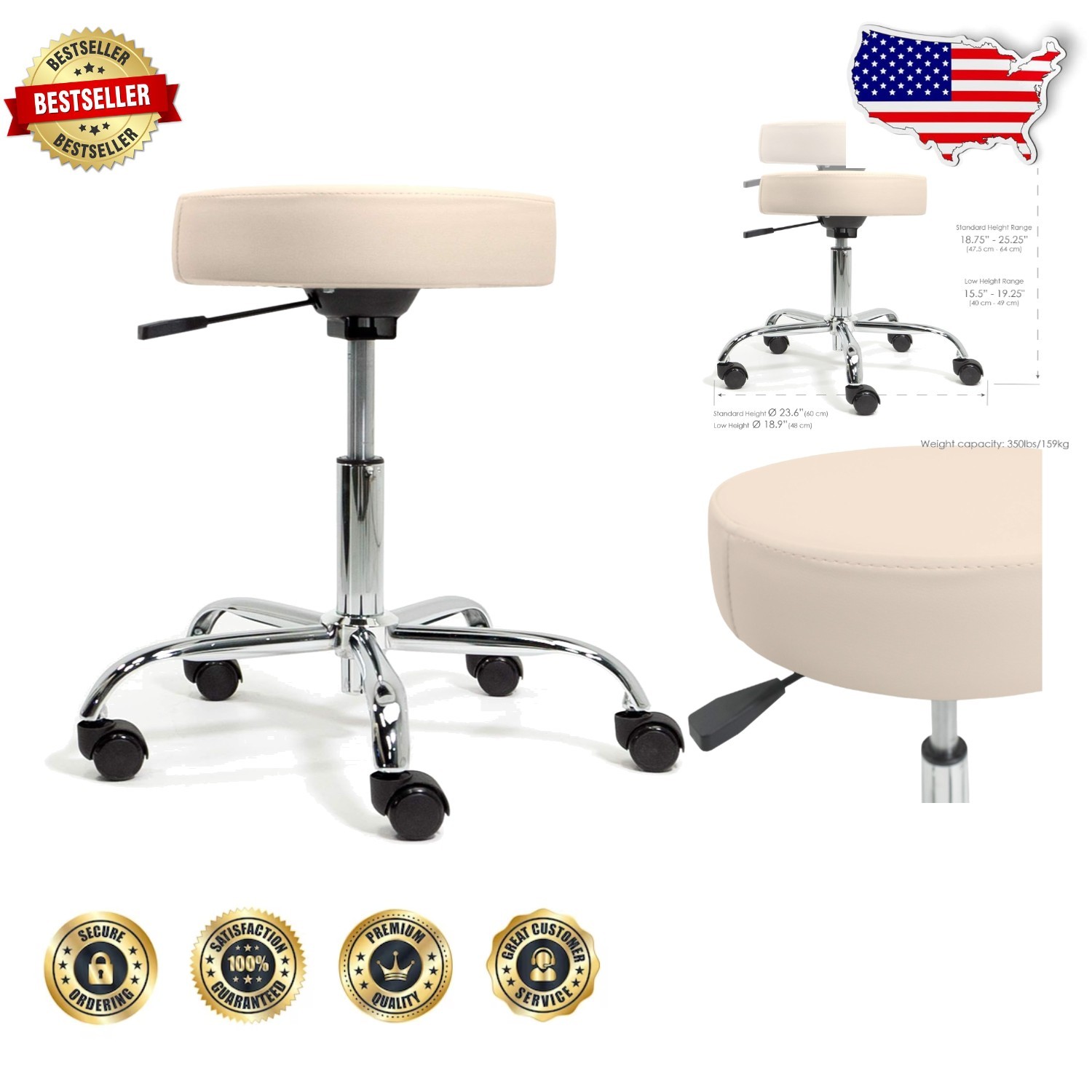 Pneumatic Massage Stool Rolling Salon Spa Drafting Chair No Leaking Beige