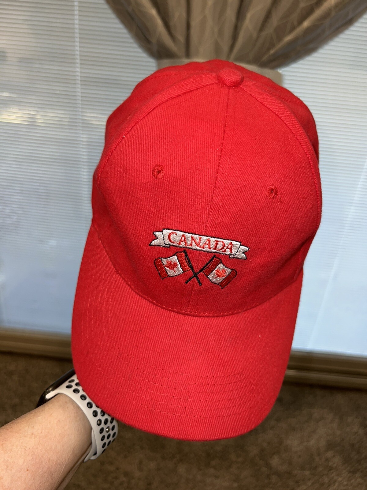Red Canada hat Cap 2 Red/White Flags with Red Maple Leaves 100% Cotton EUC Adj