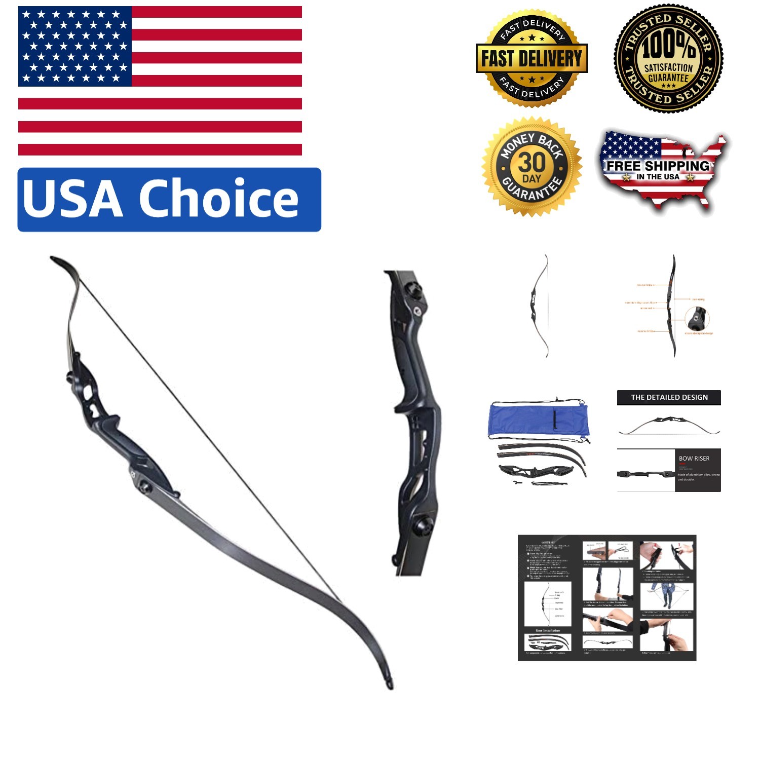 56" Right-Hand Black Recurve Bow -  Durability & Performance for Hunters
