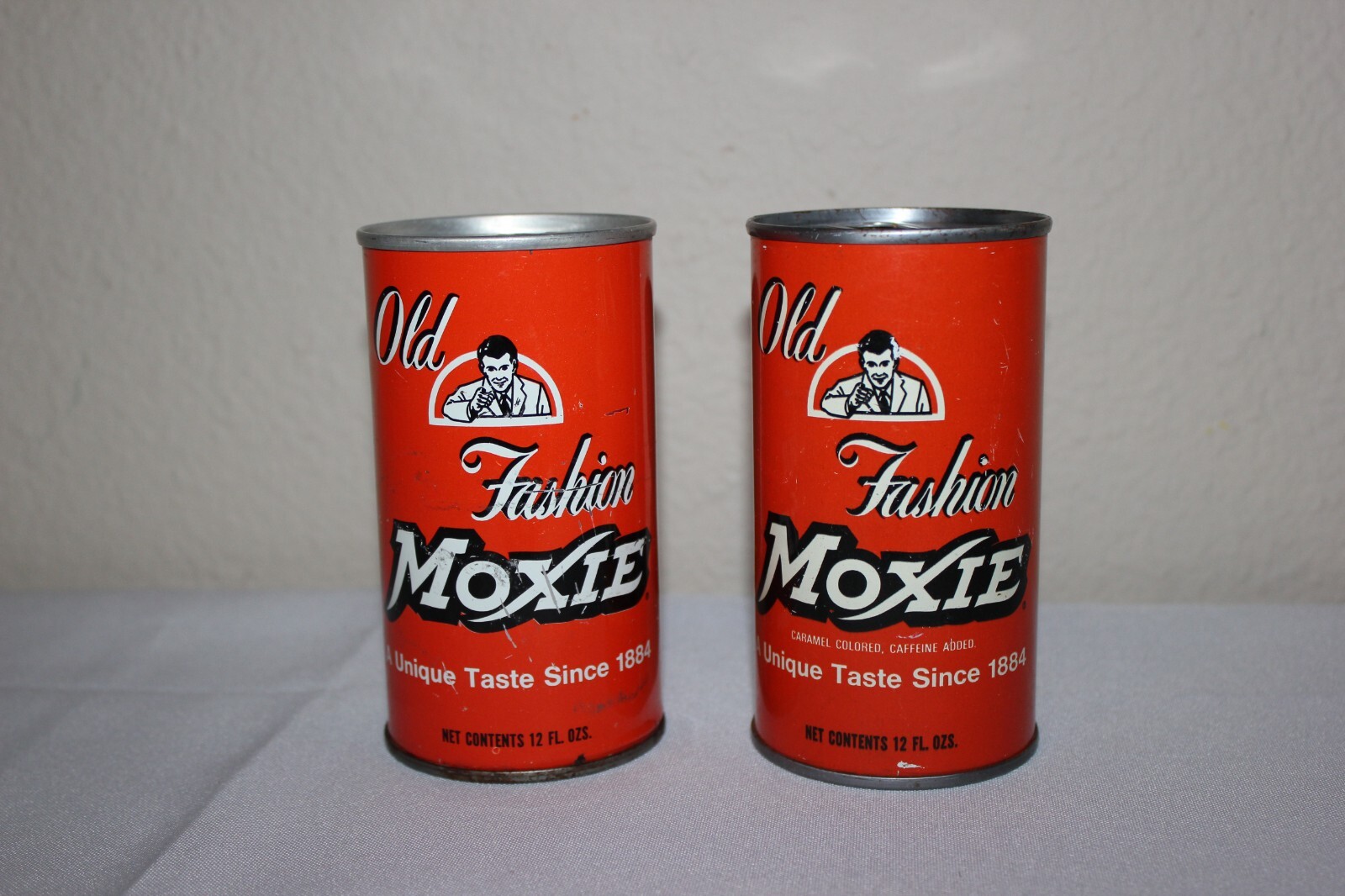 Vintage Set 2 Old Fashion Moxie Steel Litho Soda Pop Can Lot Advertising