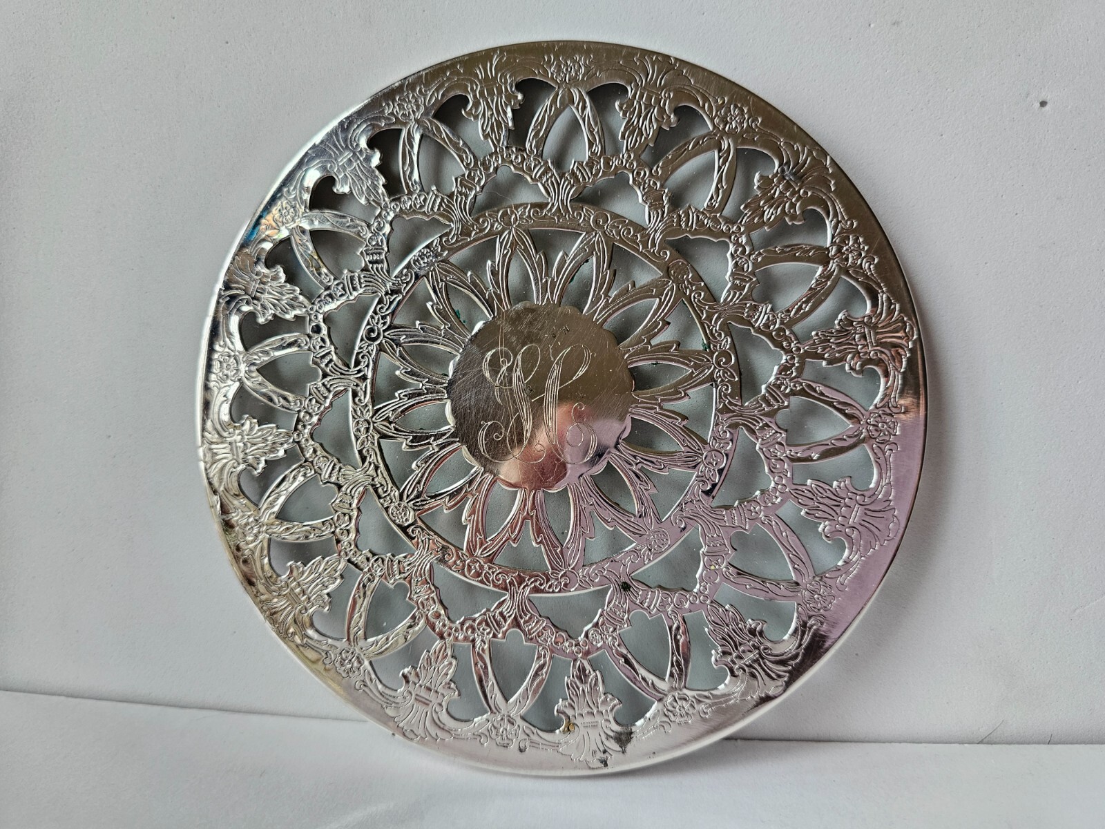 King Francis REED & BARTON Pattern #1644 Silverplate Glass Trivet Initial "H"
