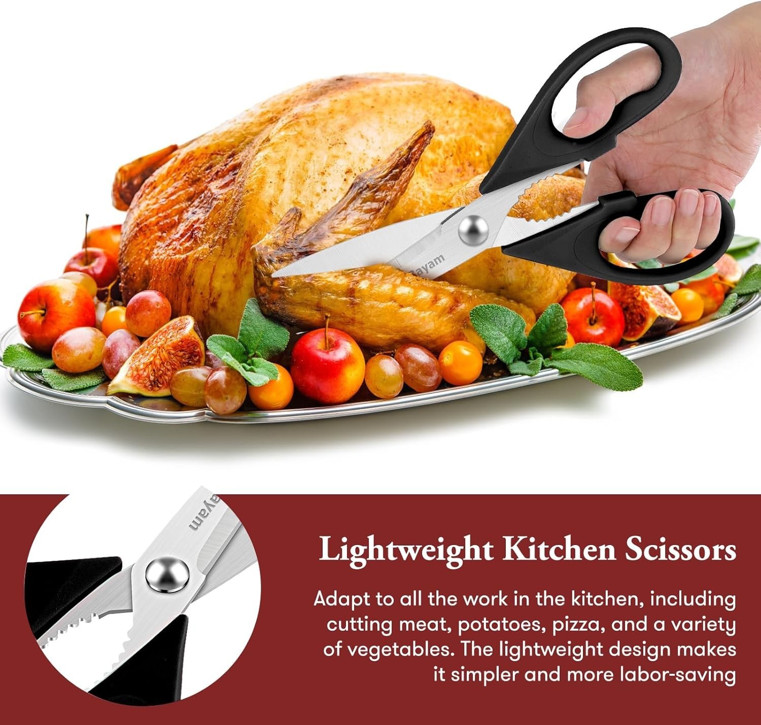 Versatile 8.5-Inch Stainless Steel Kitchen Shears - Multi-Functional, Compact