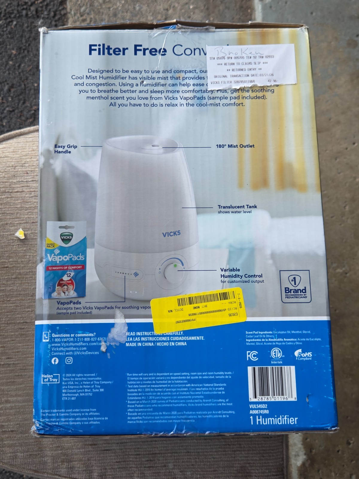 Vicks Filter-Free Cool Mist Humidifier – In Original Box