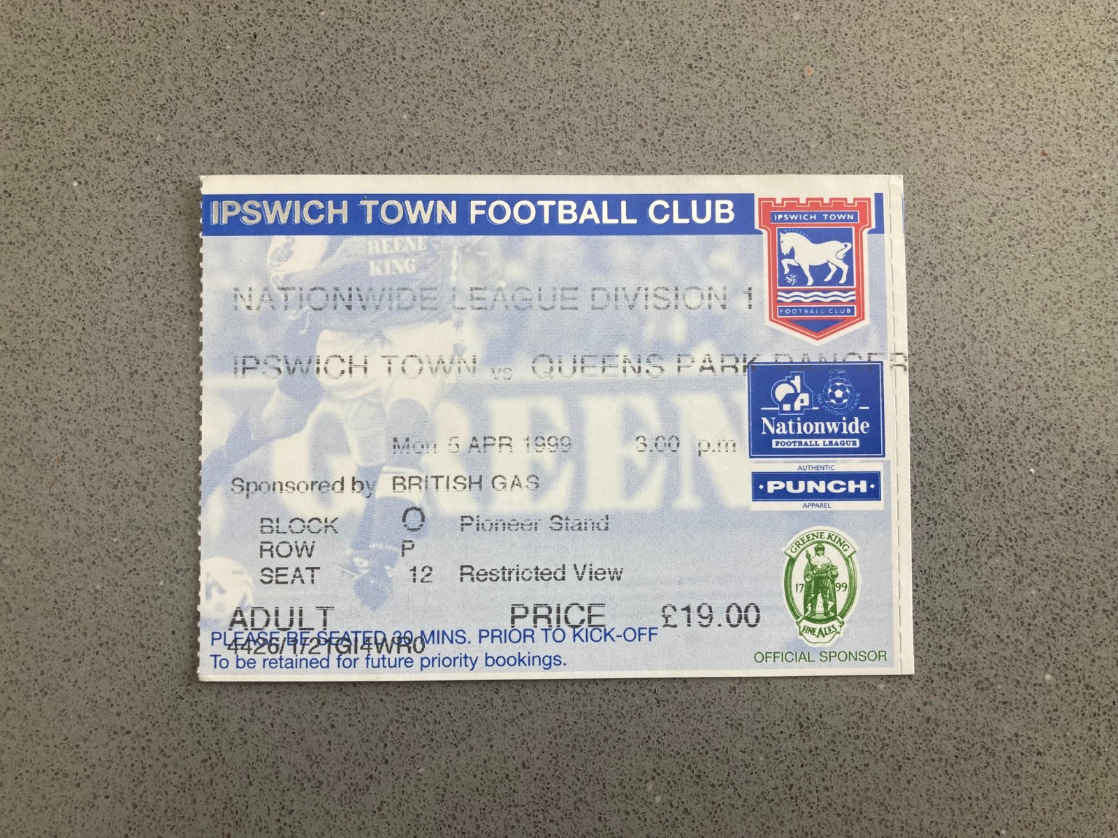Ipswich Town v Queens Park Rangers 1998-99 Match Ticket
