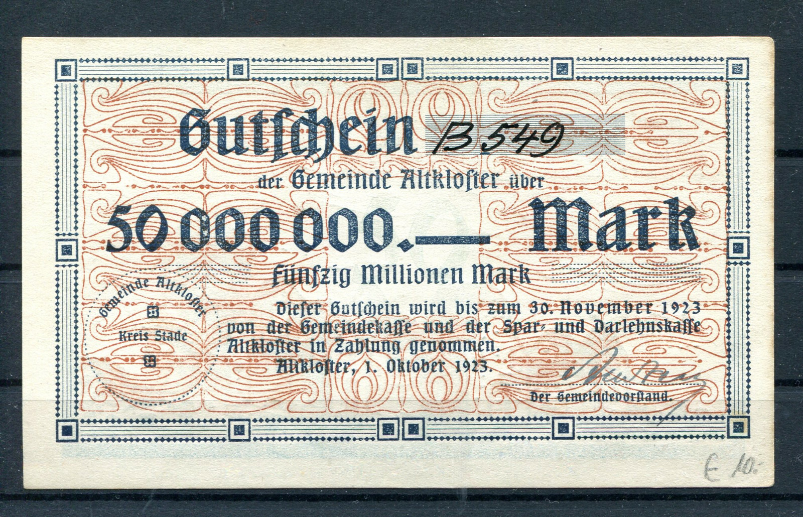 Altkloster 50 Million Mark Notgeld Banknote 2/19315