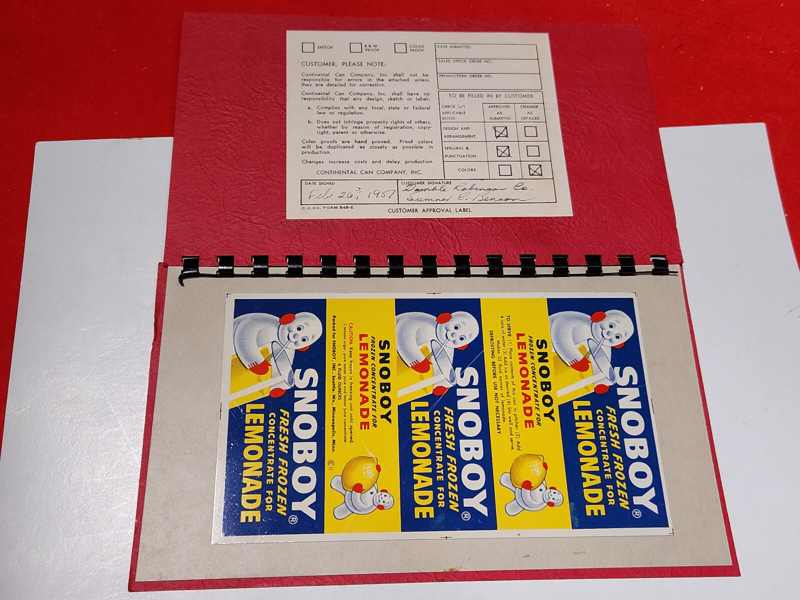 rare CONTINENTAL CAN flat EMPTY SNOWBOY LEMONADE APPROVAL  Can Museum  1957 8w5