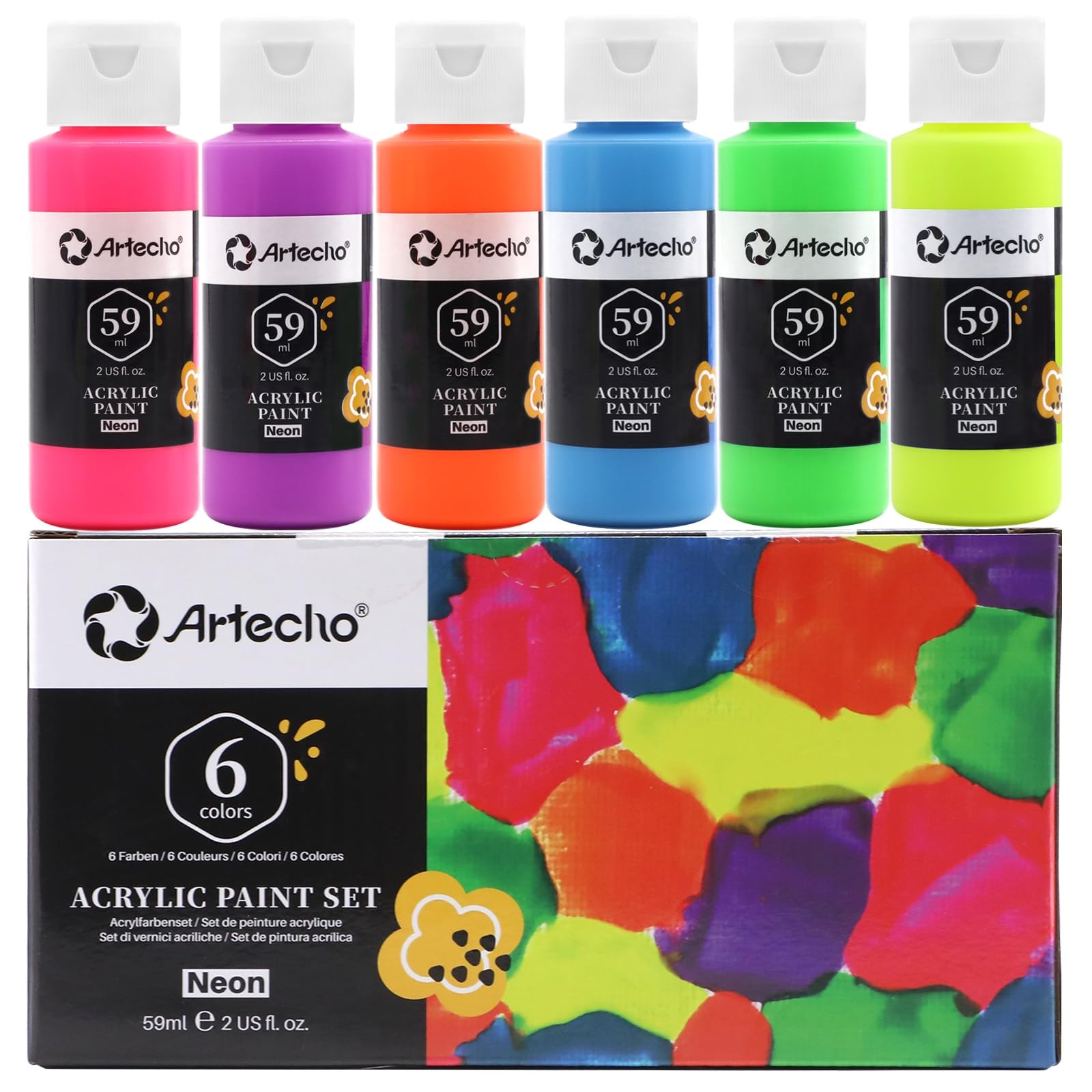 Artecho Neon Paint 6 Colors, 60 ml / 2 oz 12 Fl Oz (Pack of 1), Neon-6 colors